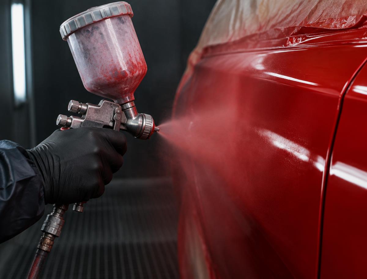 Mão com luva a pintar painel vermelho com pistola de pintura